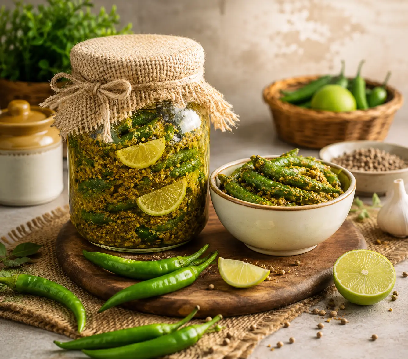 Premium green chilli pickle with fresh chillies and spices