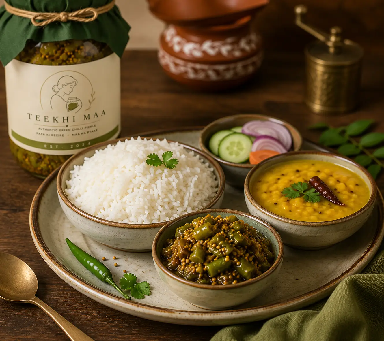 Green chilli pickle served with rice