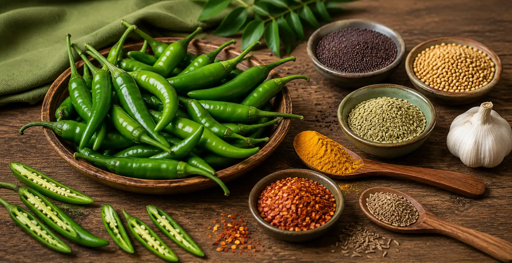 Fresh green chillies and traditional spices