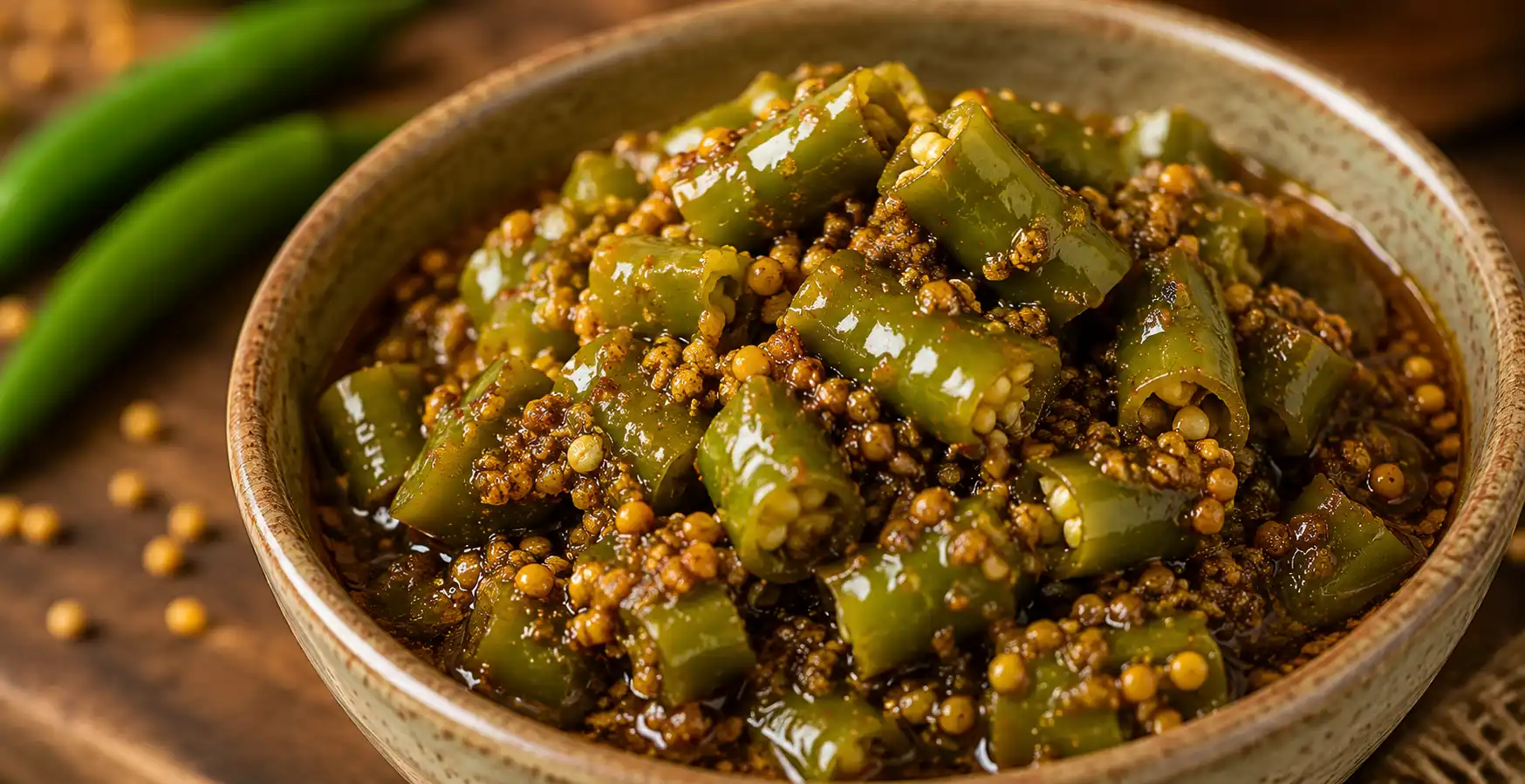 Spicy green chilli pickle close-up