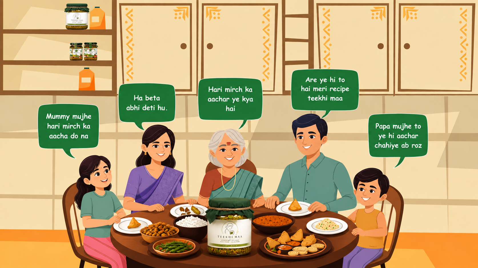 Teekhi Maa — ek parivaar khane ki mez par, Hari Mirch Ka Achar ke saath